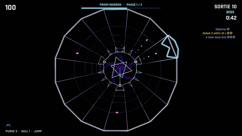 A ship on the rim of a wireframe tube, facing a boss at the centre