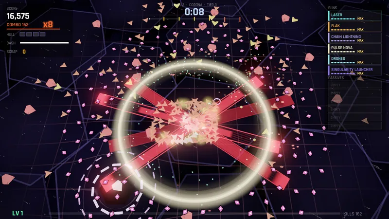 A ship surrounded by a ring of light, firing red beams into a swarm of neon enemies
